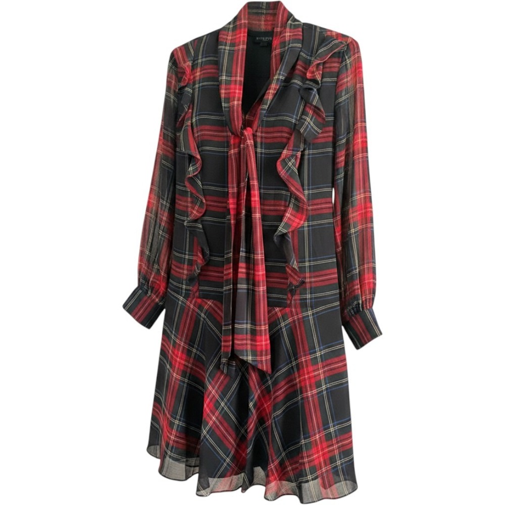 Lauren Ralph Lauren Red Green Plaid Ruffle Tie Neck Drop Waist Dress Size 16